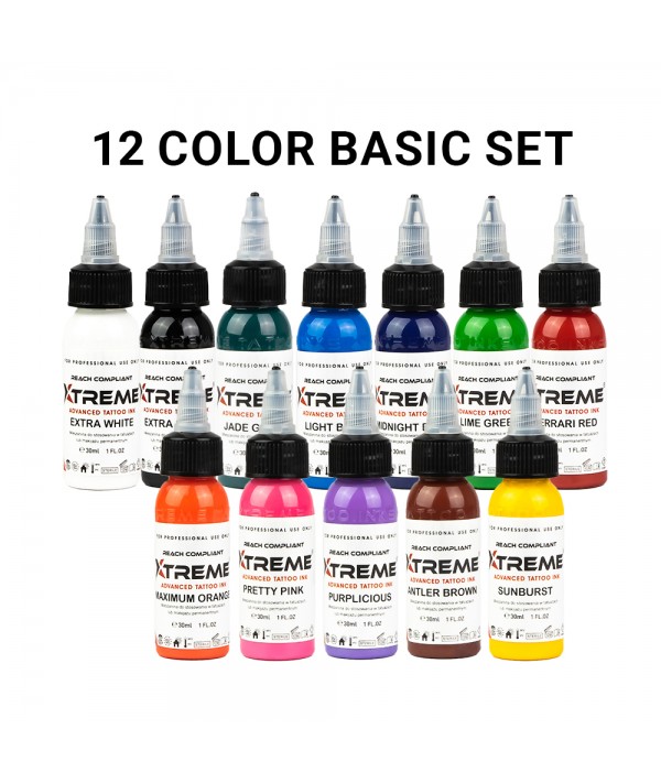Xtreme Ink - 12 Color Basic Set - 12x30ml (Reach 2023) - Kwadron Tattoo  Needles and Supplies