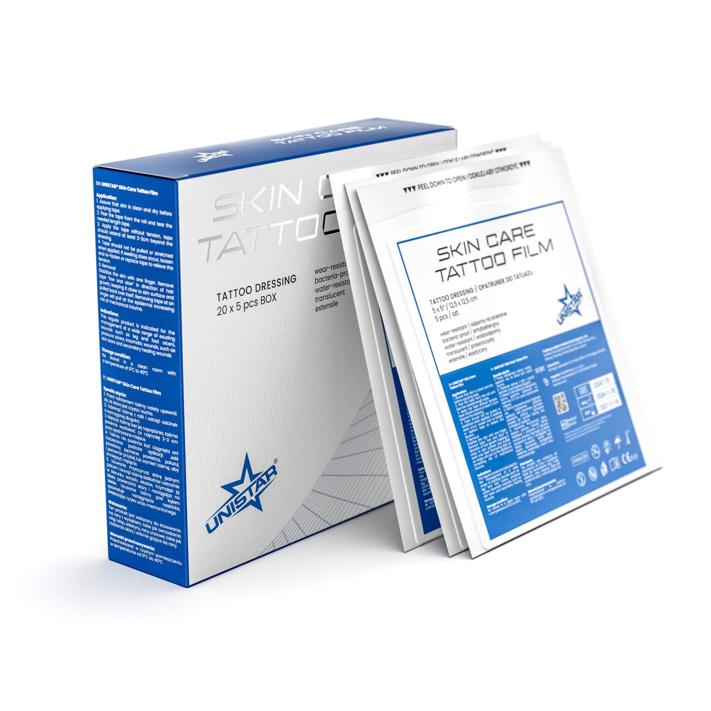 Unistar Skin Care tattoo film dressing - 5 pieces - 12,5 x 12,5 cm Unistar Skin Care tattoo film dressing - 5 pieces - 12,5 x 12,5 cm